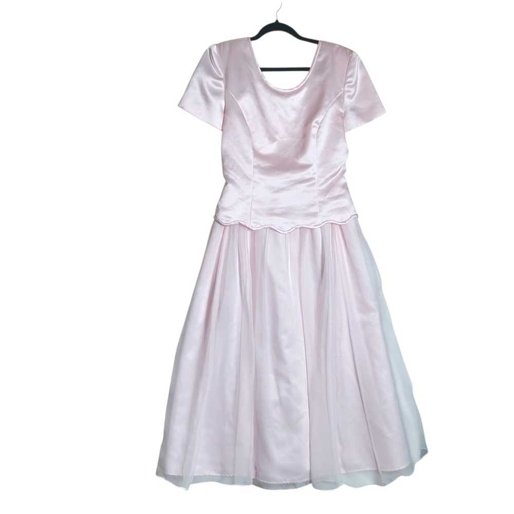 Talbots Vintage Pink Satin Tulle Formal Dress Scallop Waist Bow Back Size 4